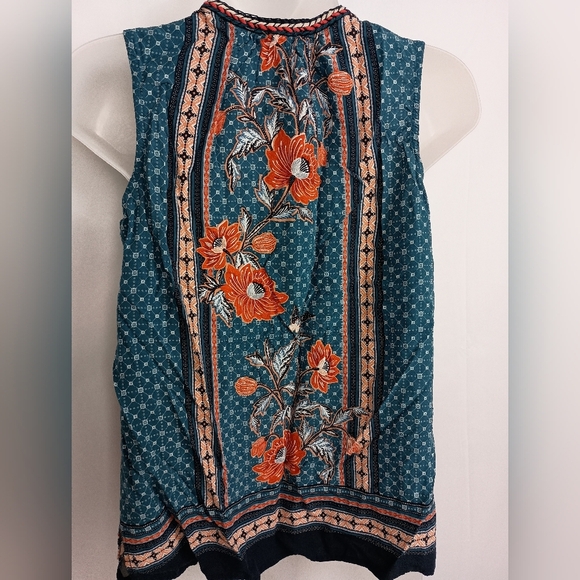 DANIEL RAINN Bohemian Floral Teal,Orange Sleeveless Western Flowy Top - (#185) - Picture 7 of 9